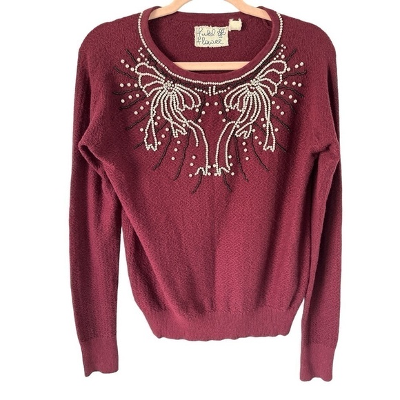 Anthropologie Field Flower Pearled Bow Pullover Crew Sweater Wool Embellished XS - Picture 7 of 15